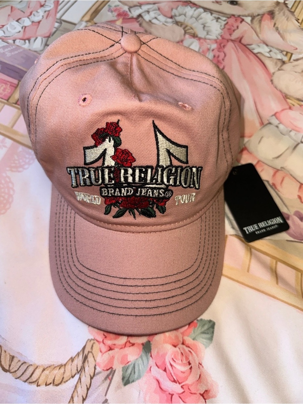 True Religion Pink Rose Embroidered Baseball Cap